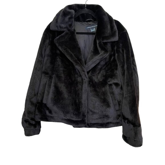 French Connection Black Faux Fur Notched Collar Coat Jacket NEW Large - Picture 4 of 7